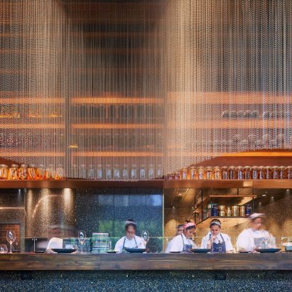Bronze chainmail curtains in restaurant in India