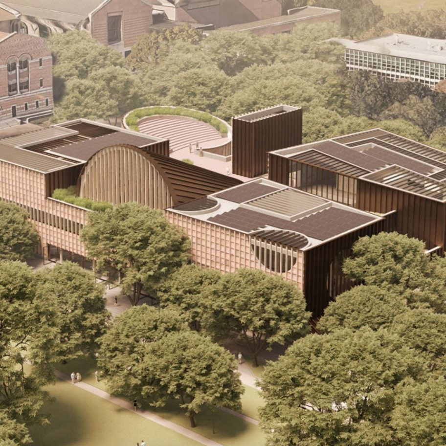 An aerial view of Adjaye Associates' proposed student hub for Rice University
