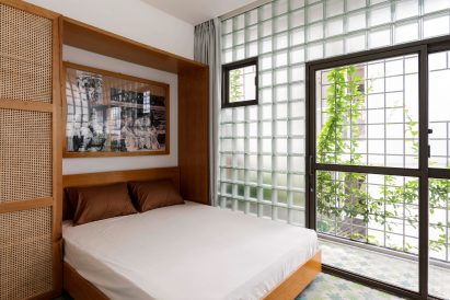 Master bedroom has glass brick walls