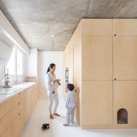 Plywood kitchen with cubby hole for a cat