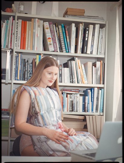 Santa Kupča wearing her Public Library duvet-style dress