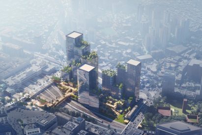 An aerial visual of Henning Larsen's Seoul Valley proposal for South Korea