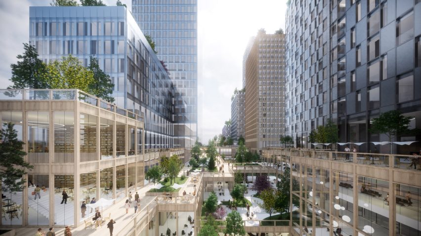 Timber retail spaces in Henning Larsen's Seoul Valley proposal for South Korea