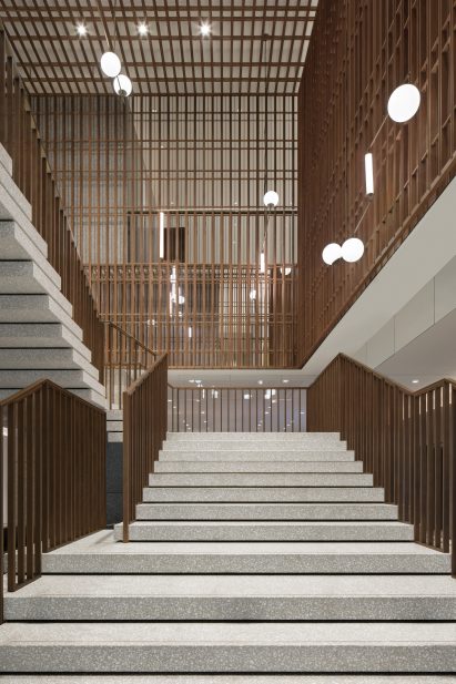 Terrazzo and bronze staircase features in The Sukhothai Shanghai hotel