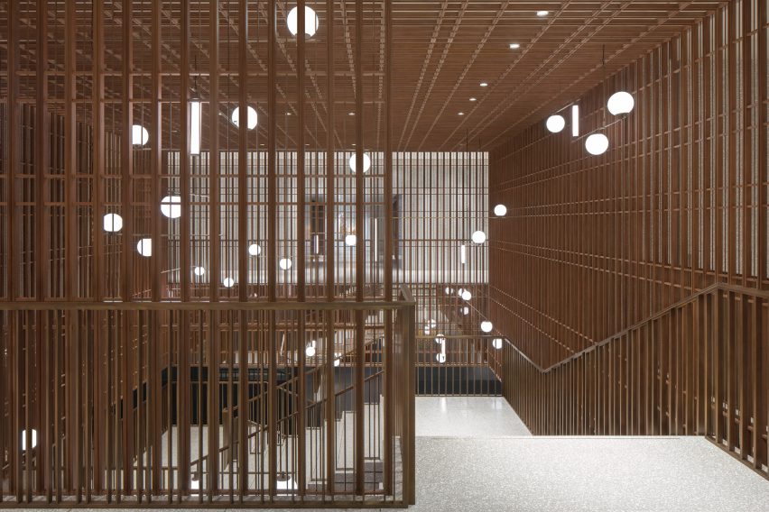 Terrazzo and bronze staircase features in The Sukhothai Shanghai hotel