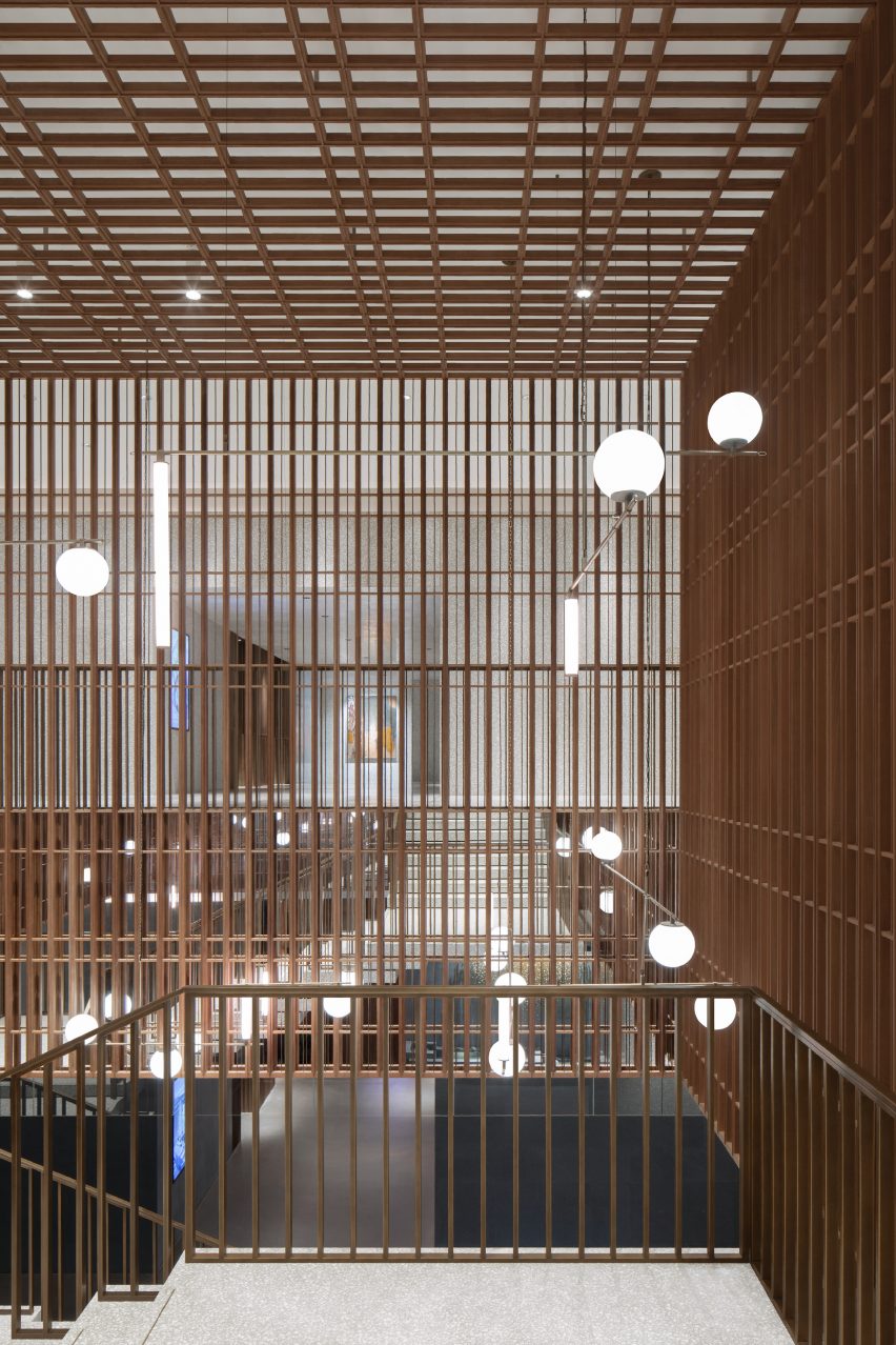 Terrazzo and bronze staircase features in The Sukhothai Shanghai hotel