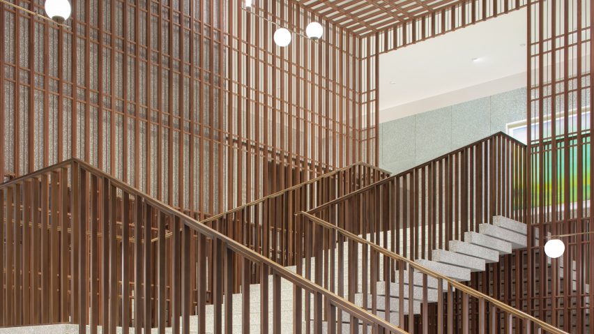 Terrazzo and bronze staircase features in The Sukhothai Shanghai hotel