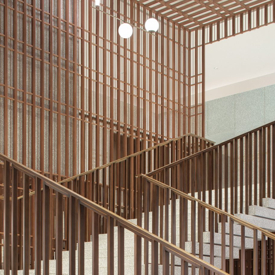 Terrazzo and bronze staircase features in The Sukhothai Shanghai hotel