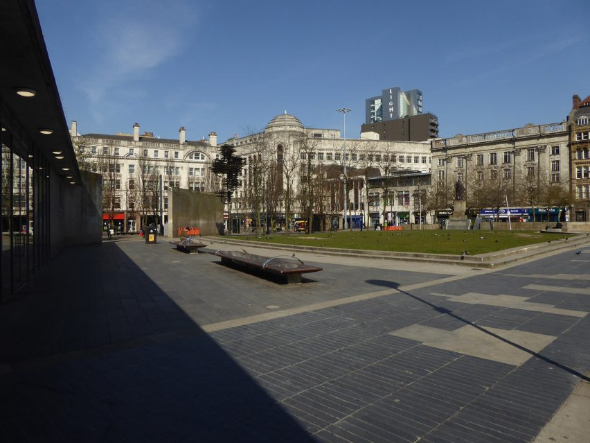 View of Piccadilly Gardens and Tadao Ando's wall