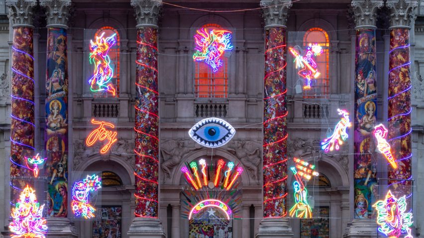 Columns of the Remembering A Brave New World installation by Chila Kumari Sigh Burman for Tate Britain
