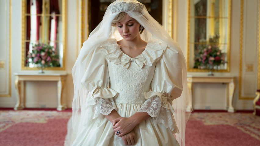 Emma Corrin as Princess Diana at her wedding in The Crown season 4