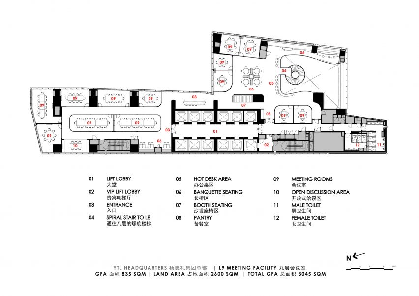 Floor plan for Level 9 meeting spaces by Ministry of Design inside YTL Headquarters in Kuala Lumpur