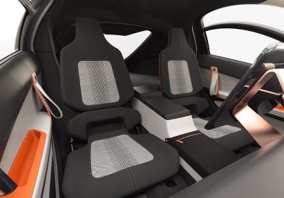 Interior view of the three-wheeled solar and electric Aptera vehicle