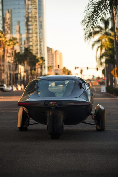 Rear view of the three-wheeled solar and electric Aptera vehicle