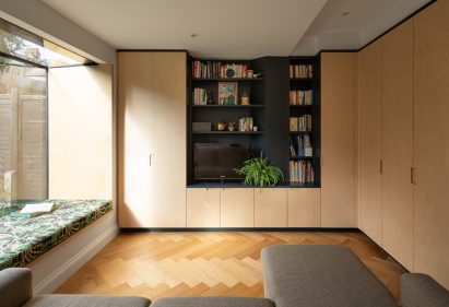 The Charred House sitting room by Rider Stirland Architects in London