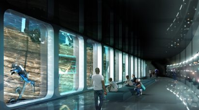 A visual of a gallery inside Docking the Amsterdam underwater museum by ZJA