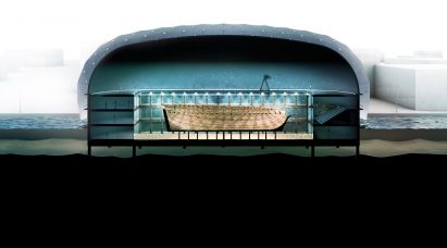 A perspective section of Docking the Amsterdam underwater museum by ZJA