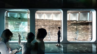 A visual of a gallery inside Docking the Amsterdam underwater museum by ZJA