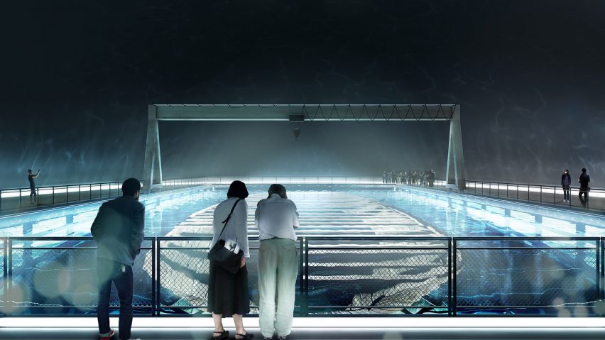 A visual of a walkway inside Docking the Amsterdam underwater museum by ZJA
