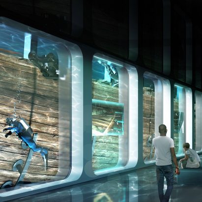 A visual of a gallery inside Docking the Amsterdam underwater museum by ZJA