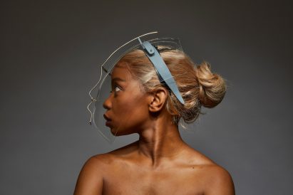 Transparent Egaro in Freedom to Move face shields by Tosin Oshinowo and Chrissa Amuah