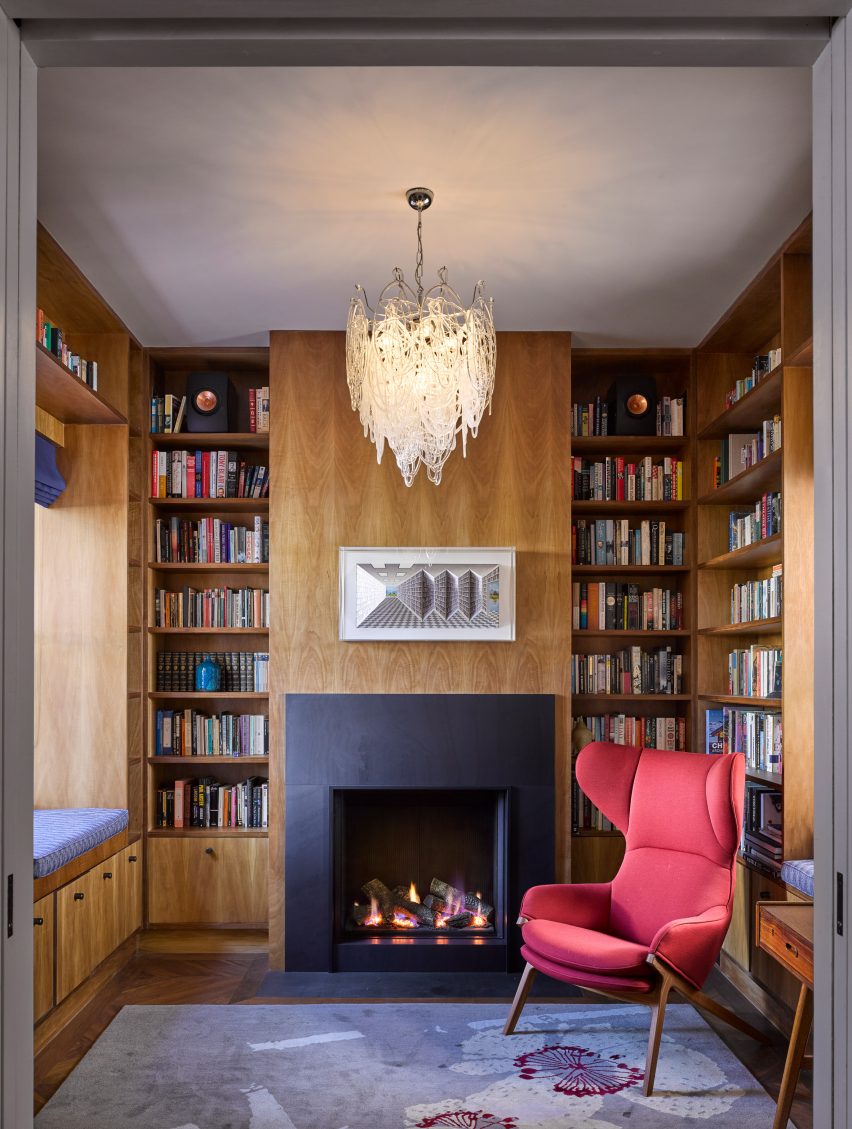 Walnut-lined library in Hampstead House by Dominic McKenzie Architects