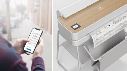 Render of HP's large-format printer and mobile app