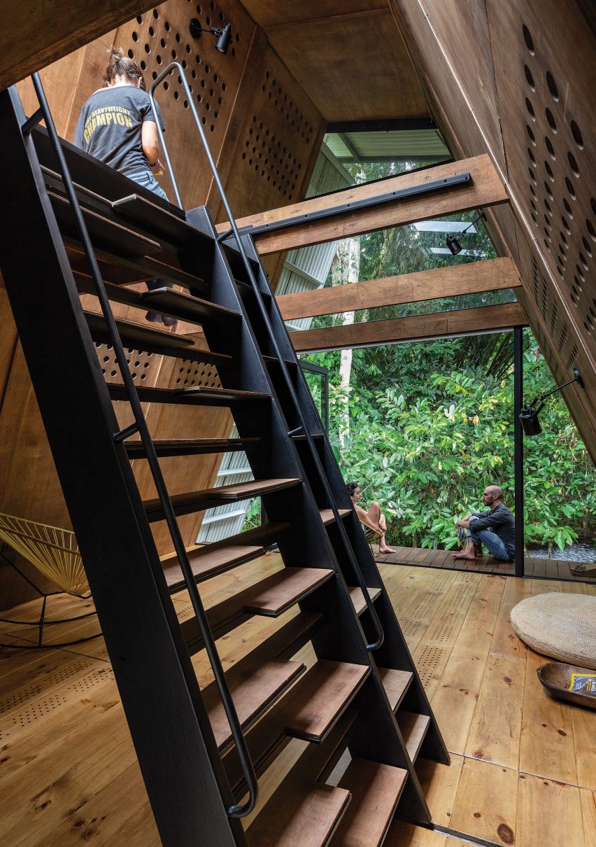 The alternating tread stair inside of the Huaira cabin by Diana Salvador and Javier Mera in Ecuador
