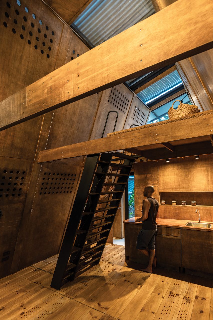 The living area inside of the Huaira cabin by Diana Salvador and Javier Mera in Ecuador