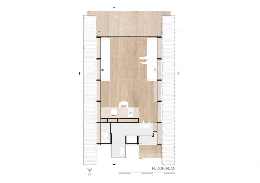 The lower floor plan Huaira cabin by Diana Salvador and Javier Mera in Ecuador
