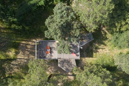 The Love Shack cabin is surrounded by woodland