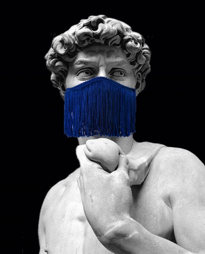 Michelangelo David wearing Le Freak face mask by Droog