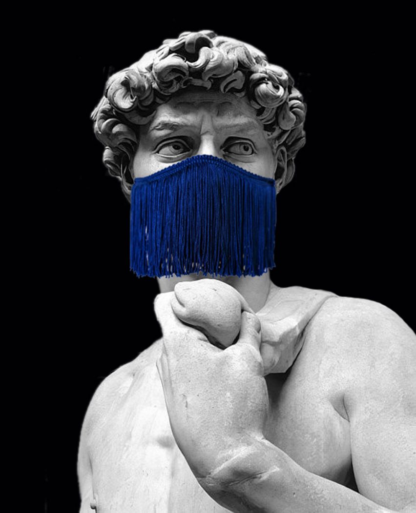 Michelangelo David wearing Le Freak face mask by Droog