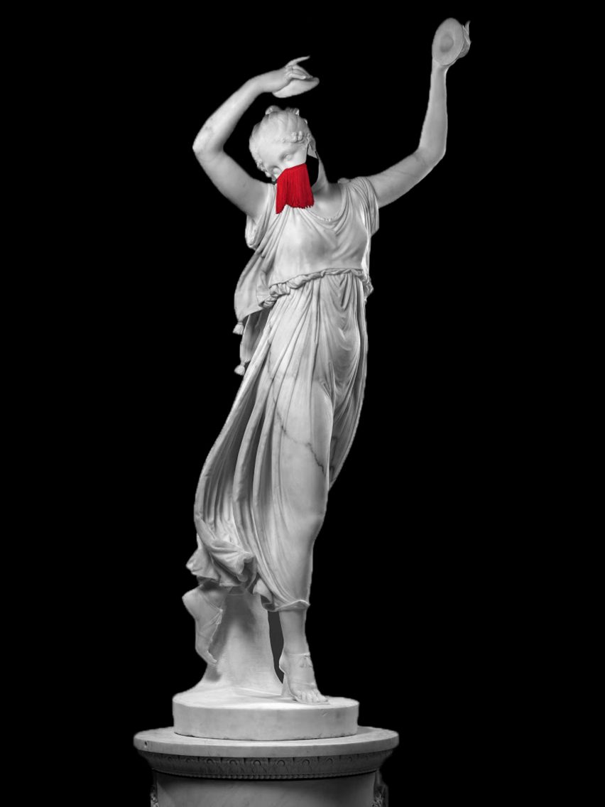 Canova dancer wearing Le Freak face mask by Droog