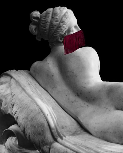 Canova Naiad wearing Le Freak face mask by Droog