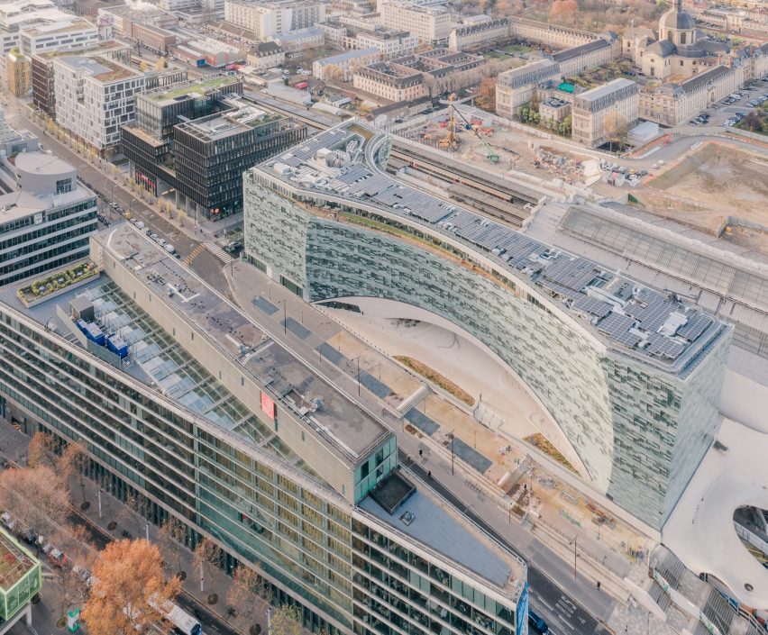 An aerial view of the Le Monde Headquarters in Paris by Snøhetta