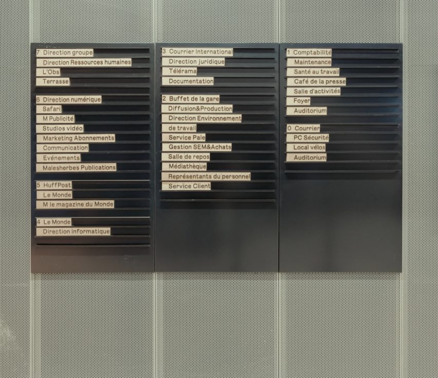 A sign inside of the Le Monde Headquarters in Paris by Snøhetta
