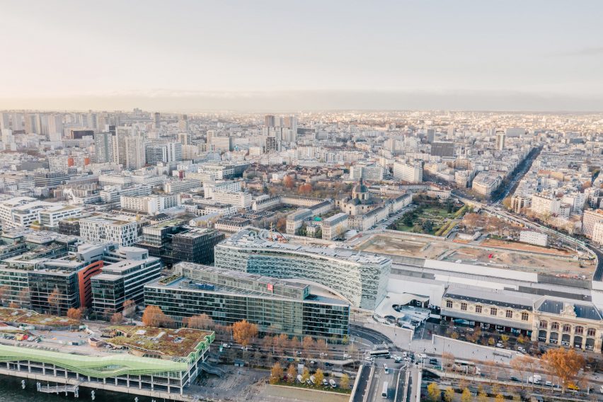 An aerial view of the Le Monde Headquarters in Paris by Snøhetta