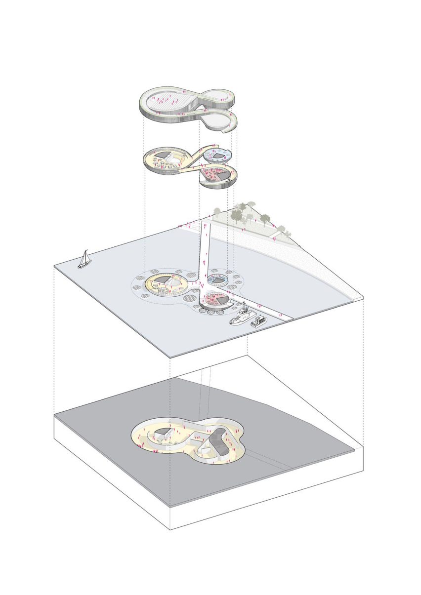 An axonometric drawing of the Maritime Center Rotterdam by Mecanoo