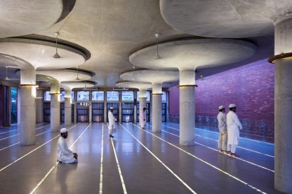 Mushroom-shaped concrete columns in prayer room