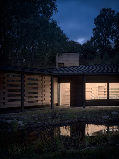 Night view of Quarry Studios by Moxon Architects