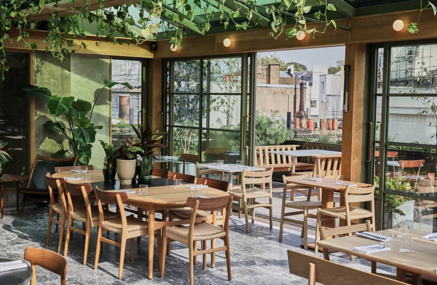 Interiors of Roof Garden restaurant inside Pantechnicon in London