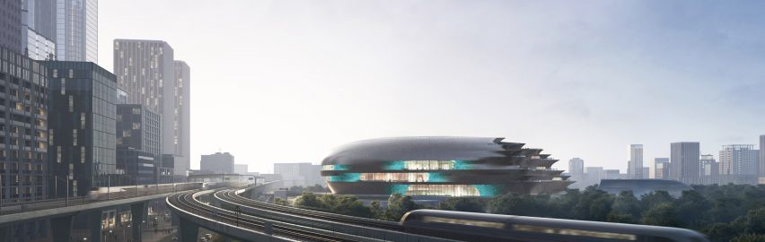 An exterior view of the proposed Shenzhen Science and Technology Museum by Zaha Hadid Architects in China