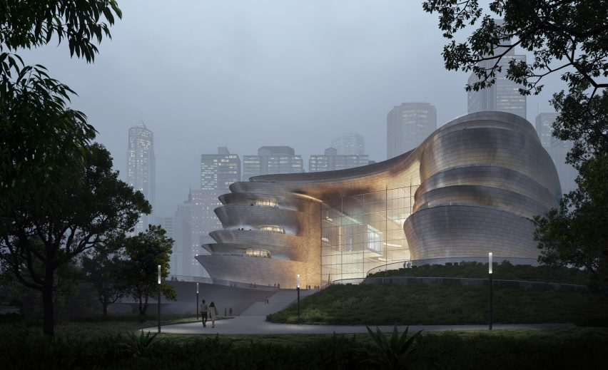 Terraces at the entrance of the proposed Shenzhen Science and Technology Museum by Zaha Hadid Architects in China