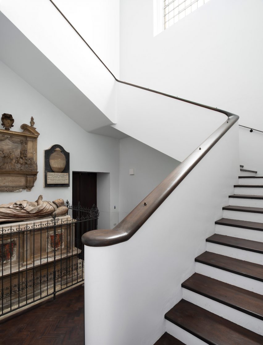 A staircase in the refurbished St John at Hackney by John Pawson and Thomas Ford & Partners