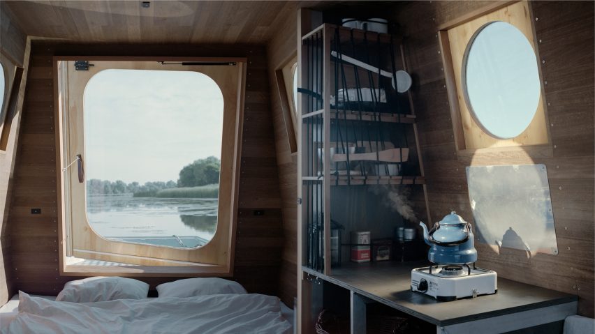 Bed and kitchen of the Sneci houseboat