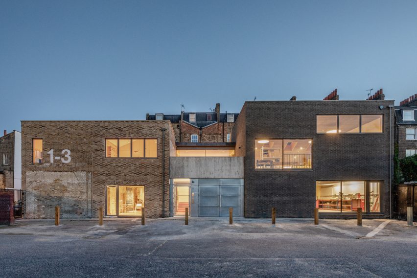 Exterior of Yorkton Workshops by Pearson Lloyd and Cassion Castle Architects at night