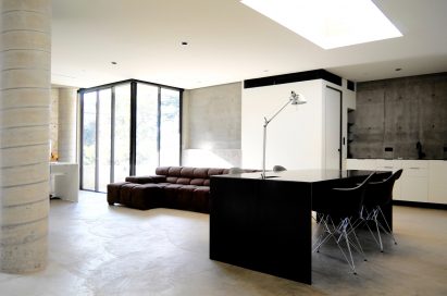 Skylights in concrete home office in Beverly Hills