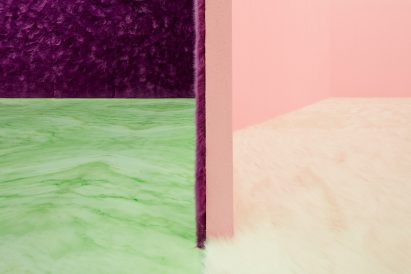 detail of textural walls and floor at Prada show by AMO 