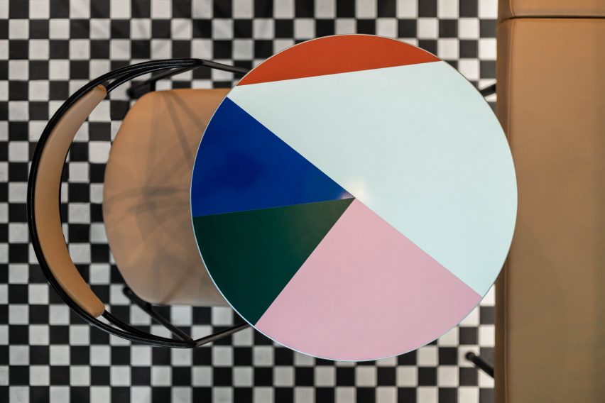 Circular tables covered in coloured laminate from above showing checkerboard mosaic floor
